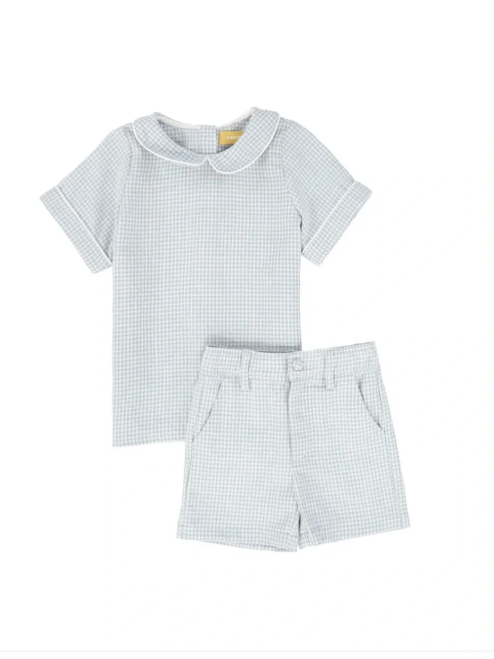 Le Bourdon Blue Gingham Piped-Collar Boy Shirt & Shorts Set